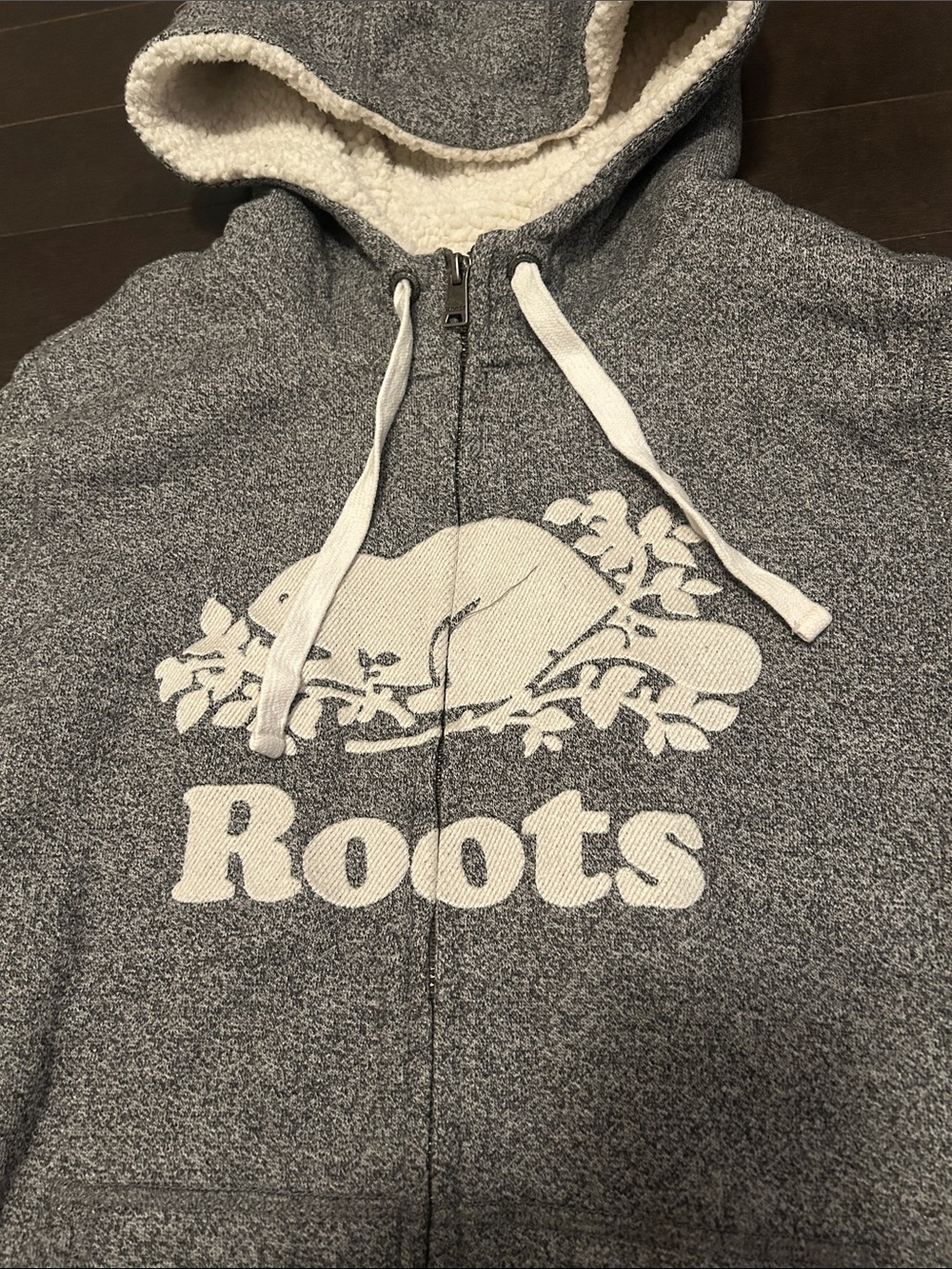 Roots Heather Gray Sherpa-Lined Zip Hoodie with White Logo